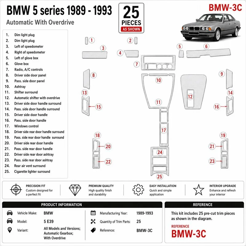 BMW 5 E34 1989-1993 automaat, With Overdrive 3D dashboard sierlijstset, 25 delen