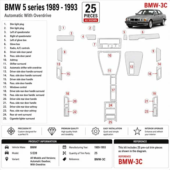 BMW 5 E34 1989-1993 automaat, With Overdrive 3D dashboard sierlijstset, 25 delen