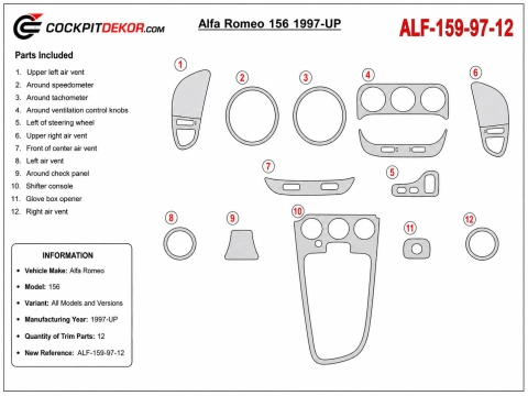 Alfa Romeo 156 1997+ kit décor tableau de bord 3D, 12 pièces 2