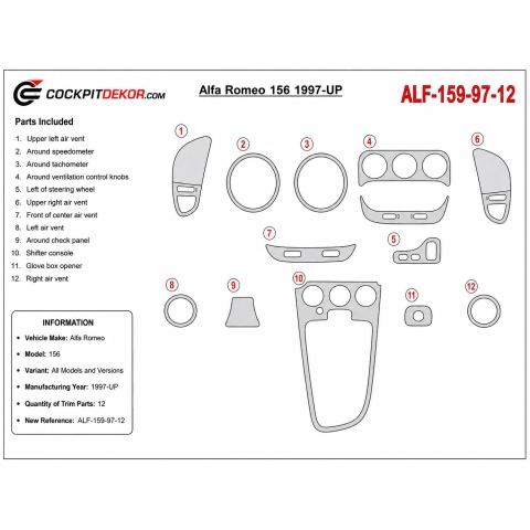 Alfa Romeo 156 1997+ 3D dashboard trim kit, 12 parts 2