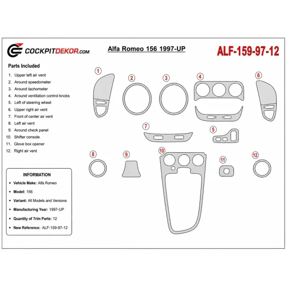 Alfa Romeo 156 1997+ kit salpicadero 3D, 12 piezas