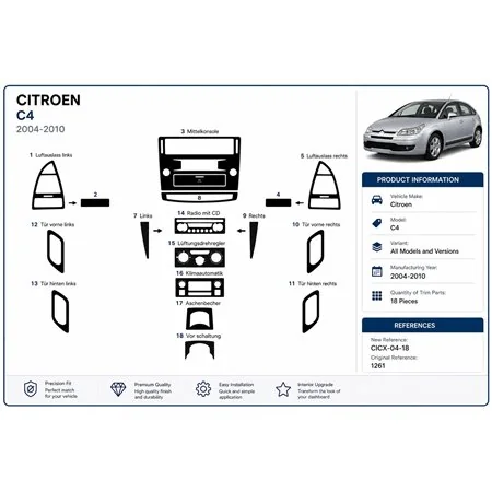 Citroen C4 2004-2010 3D Armaturenbrett-Dekor-Set, 18 Teile