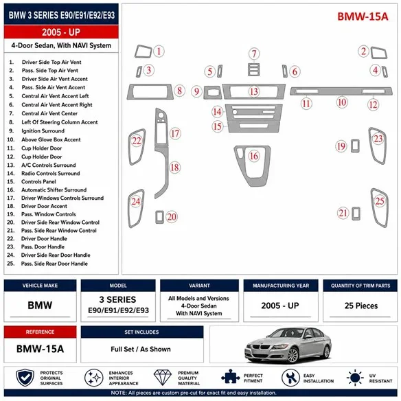 BMW 3 2005+ 4 Doors Sedan, mit Navigation system 3D Armaturenbrett-Dekor-Set