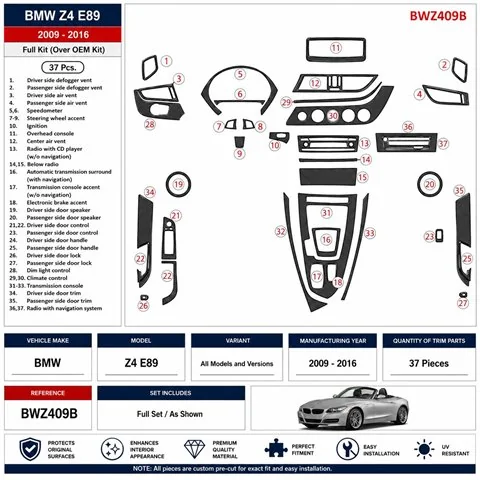 BMW Z4 E89 2009-2016 3D dashboard trim kit, 37 parts 2