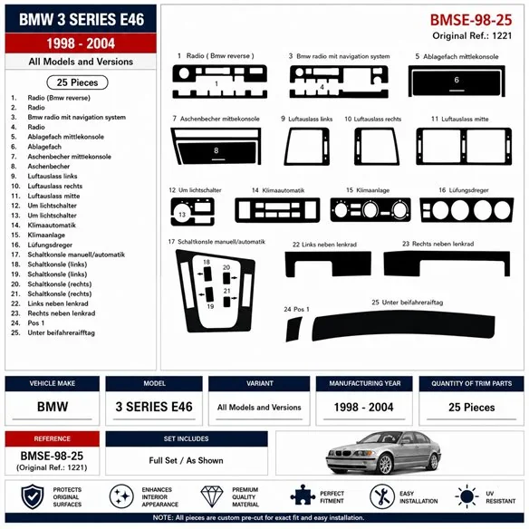BMW 3 Series E46 1998-2004 kit cruscotto 3D, 25 pezzi