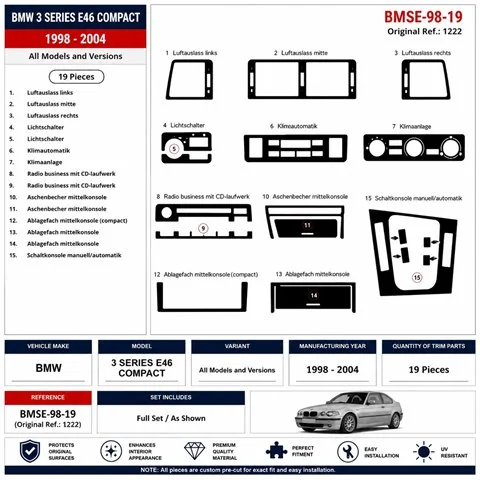 BMW 3 Series E46 Compact 1998-2004 kit salpicadero 3D, 19 piezas 2