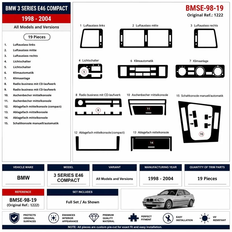 BMW 3 Series E46 Compact 1998-2004 3D dashboard sierlijstset, 19 delen