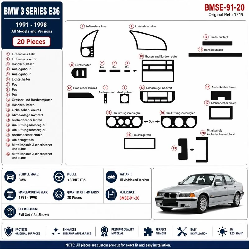BMW 3 Series E36 1991-1998 kit salpicadero 3D, 20 piezas