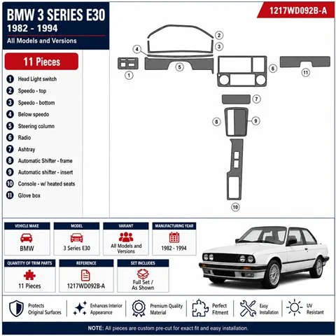 BMW 3 Series E30 1982-1994 3D Armaturenbrett-Dekor-Set, 11 Teile