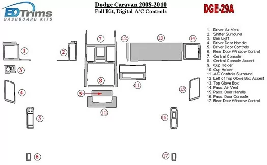 Dodge Caravan 2008-UP Ensemble Complet, Contrôle Aut la climatisations BD Kit la décoration du tableau de bord - 1 - habillage d