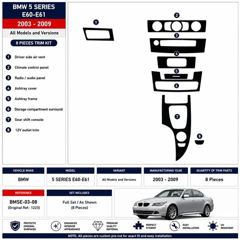 BMW 5 Series E60-E61 2003-2009 3D Armaturenbrett-Dekor-Set, 8 Teile