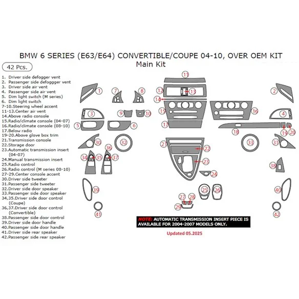 BMW 6-Series E 63 2008-2010 3D dashboard trim kit, 41 parts