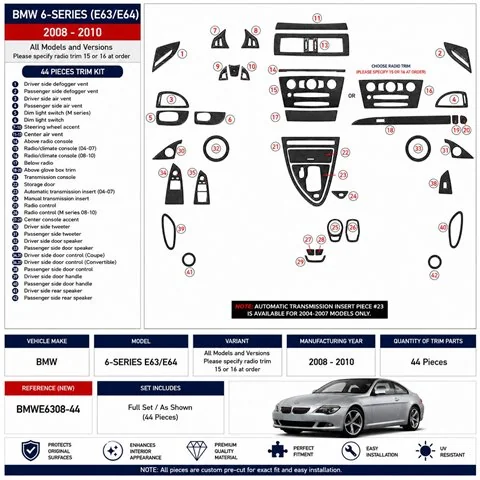 BMW 6-Series E 63 2008-2010 3D Armaturenbrett-Dekor-Set, 41 Teile