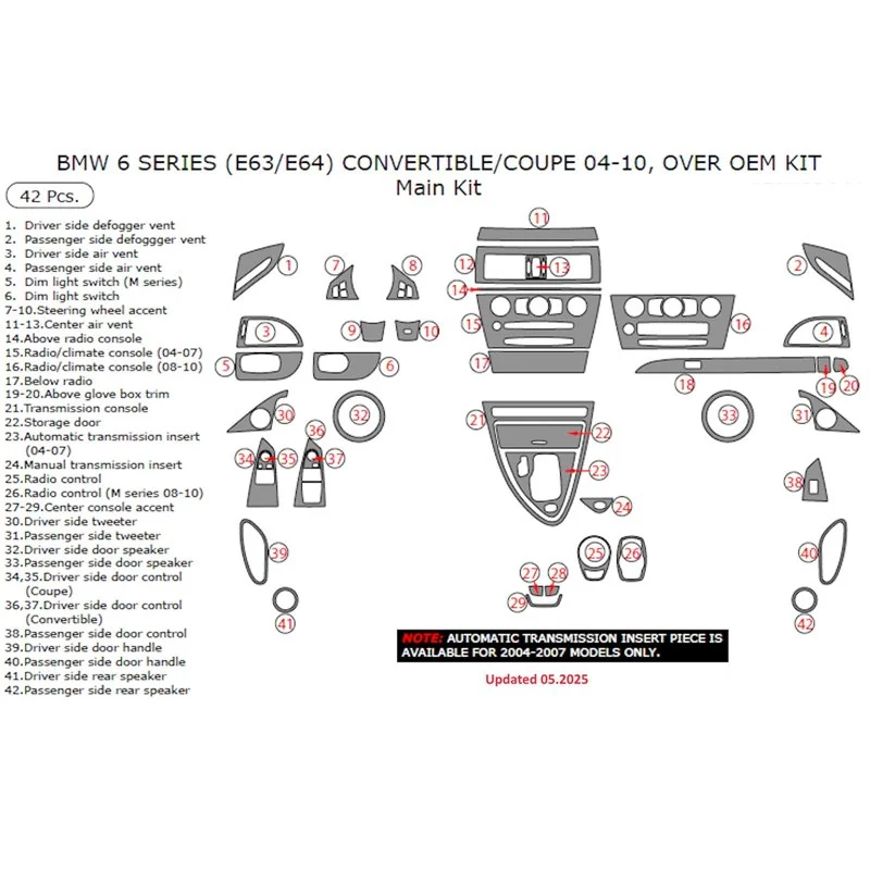 BMW 6-Series E 63 2004-2008 kit cruscotto 3D, 41 pezzi