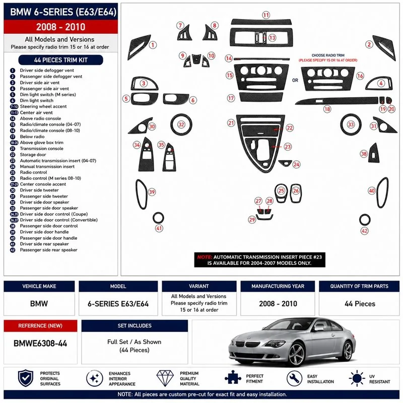 BMW 6-Series E 63 2004-2008 3D dashboard sierlijstset, 41 delen