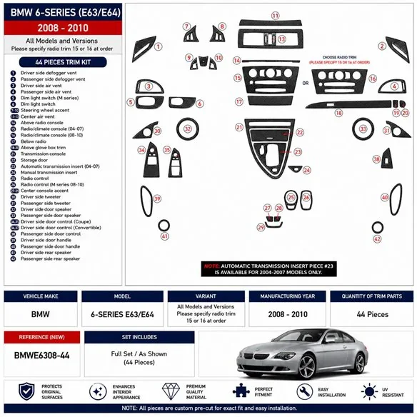 BMW 6-Series E 63 2004-2008 kit cruscotto 3D, 41 pezzi
