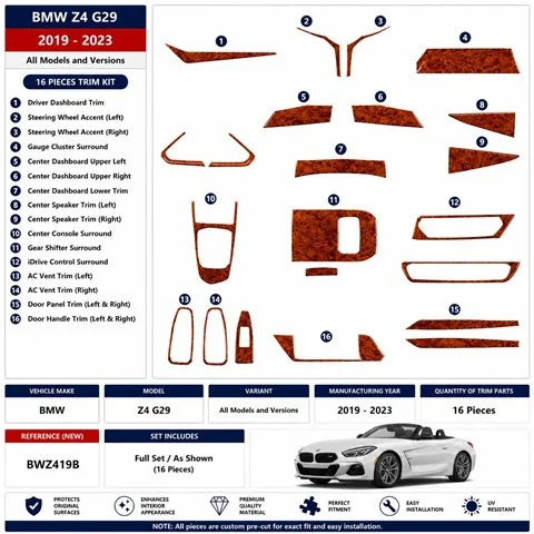 BMW Z4 G29 2019-2023 kit décor tableau de bord 3D, 16 pièces 2
