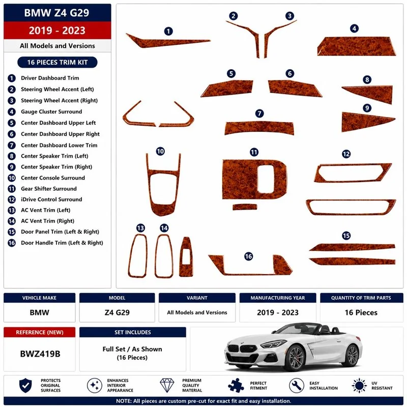BMW Z4 G29 2019-2023 3D dashboard trim kit, 16 parts