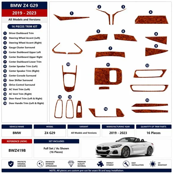 BMW Z4 G29 2019-2023 3D dashboard sierlijstset, 16 delen