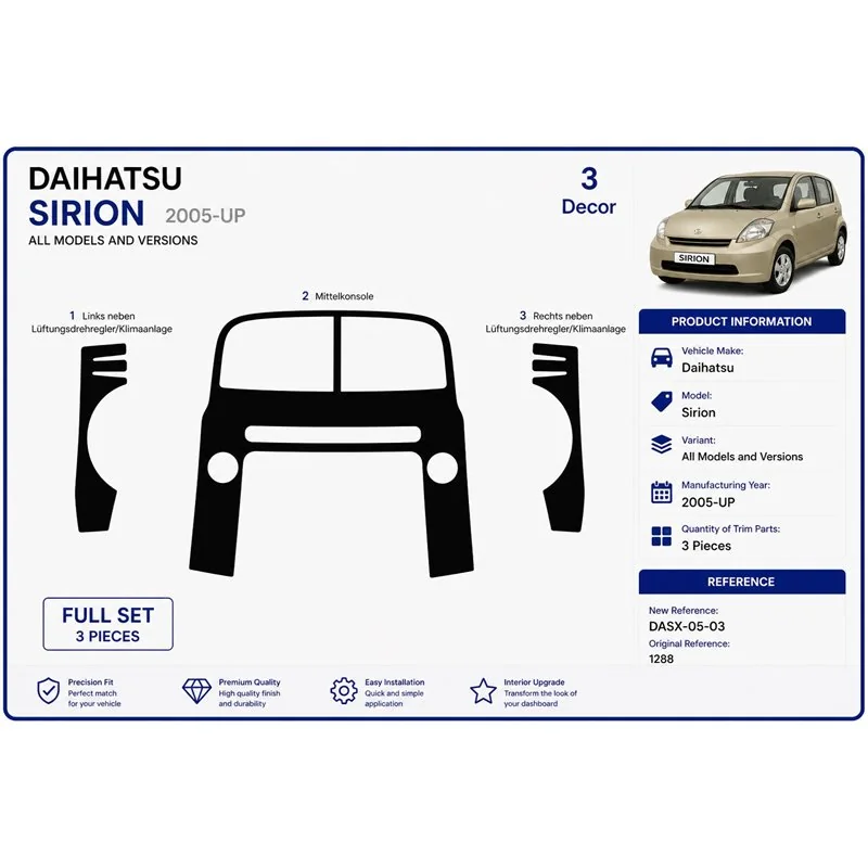 Daihatsu Sirion 2005+ 3D dashboard trim kit, 3 parts