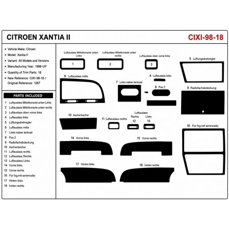 Citroen Xantia II 1998+ kit cruscotto 3D, 18 pezzi
