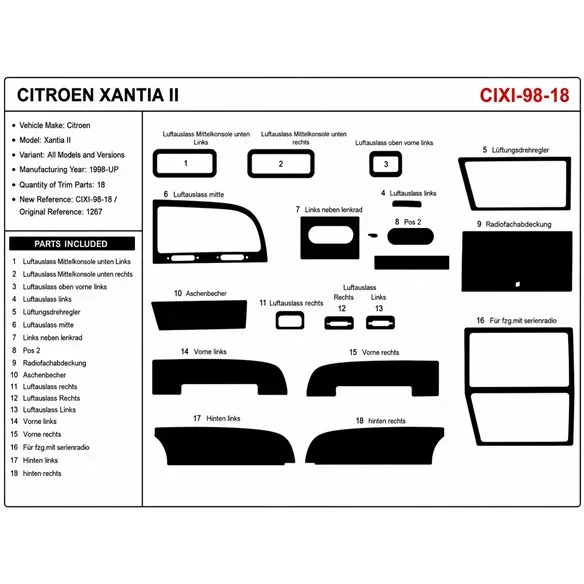 Citroen Xantia II 1998+ 3D dashboard sierlijstset, 18 delen