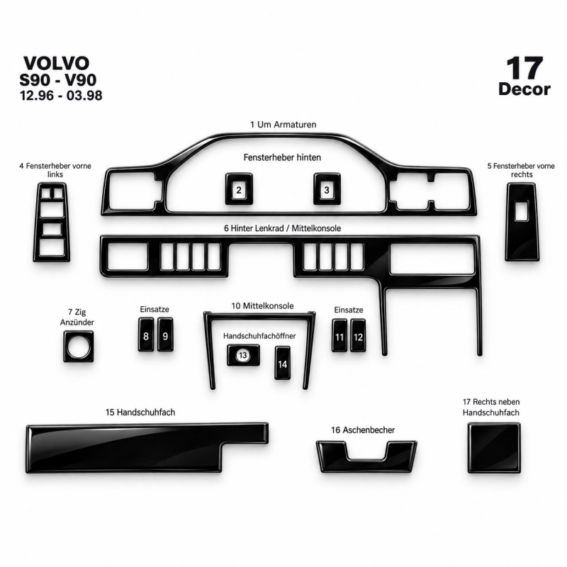 Volvo S 90-V 90 1996-1998 kit rivestimento cruscotto e interni 3D 17 pezzi