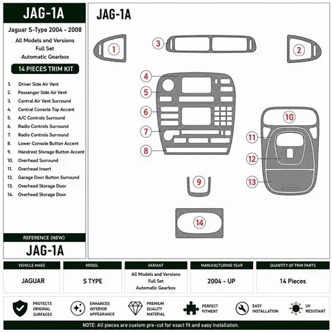 Jaguar S type 2004+ complete set, automaat 3D dashboard sierlijstset
