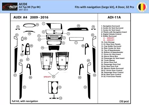 Audi A4 B8 Typ 8K 2007-2015 3D Interior Dashboard Trim Kit Dash Trim Dekor 32-Parts