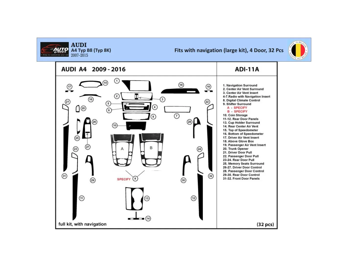 Audi A4 B8 Typ 8K 2007-2015 3D Interior Dashboard Trim Kit Dash Trim Dekor 32-Parts