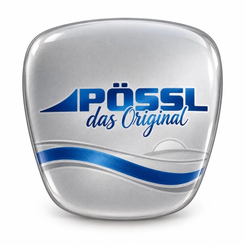 Pössl – zelfklevende inzet voor grille-embleem | grijze metallic vinylfolie | 64 × 58 mm