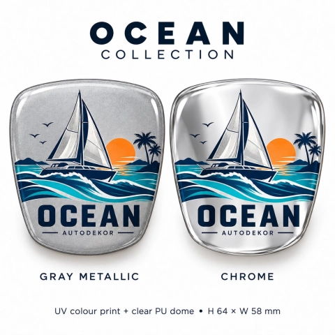 AutoDekor Ocean – zelfklevende inzet voor grille-embleem | chroomfolie | 64 × 58 mm