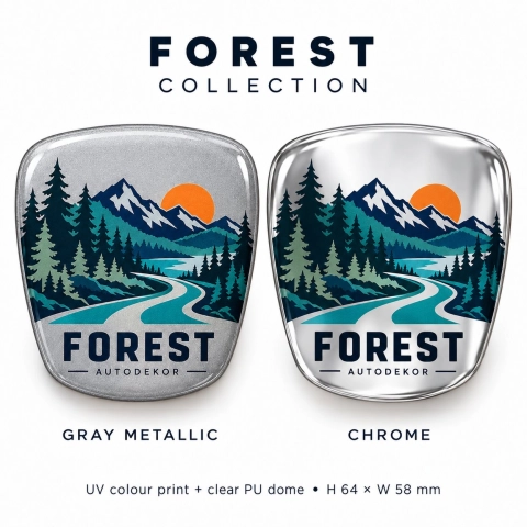 AutoDekor Forest – inserto adhesivo para emblema de parrilla | lámina cromada | 64 × 58 mm