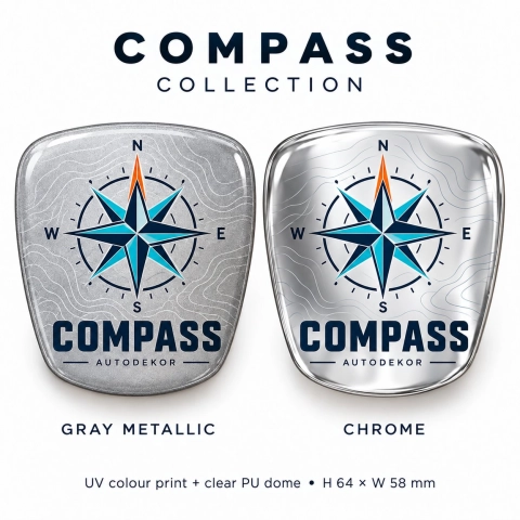 AutoDekor Compass – inserto adesivo per emblema della griglia | pellicola cromata | 64 × 58 mm