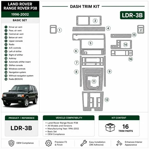 Land Rover Range Rover 1996-2002 set de base, compatible OEM kit décor tableau de bord 3D, 16 pièces