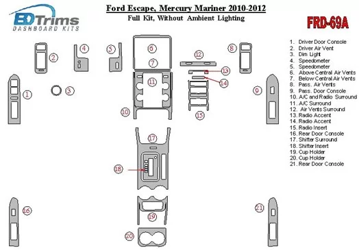 Ford Escape 2010-2012 Full Set Without lighting Ambient lighting Interior BD Dash Trim Kit