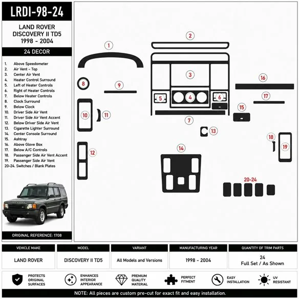 Land Rover Discovery II TD5 1998-2004 3D Armaturenbrett-Dekor-Set, 24 Teile