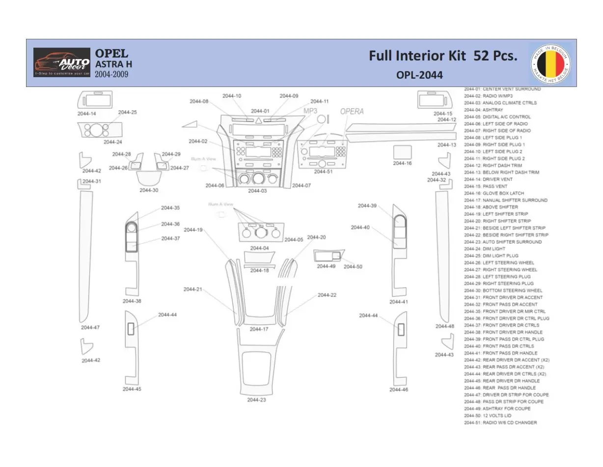 Opel Astra-H Interior WHZ Dashboard trim kit 52 Parts