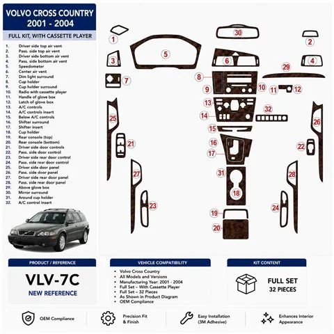 Volvo Cross Country 2001-2004 set completo, With Compact Cassette player, compatibile OEM kit cruscotto 3D