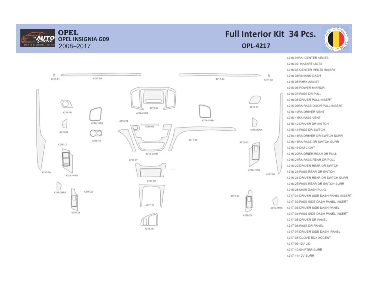 Opel Insignia 2008-2013 Decor de carlinga su interior del coche 34 Partes
