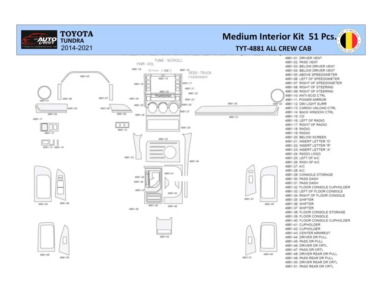 Toyota Tundra 2014-2021 Decor de carlinga su interior del coche 51 Partes