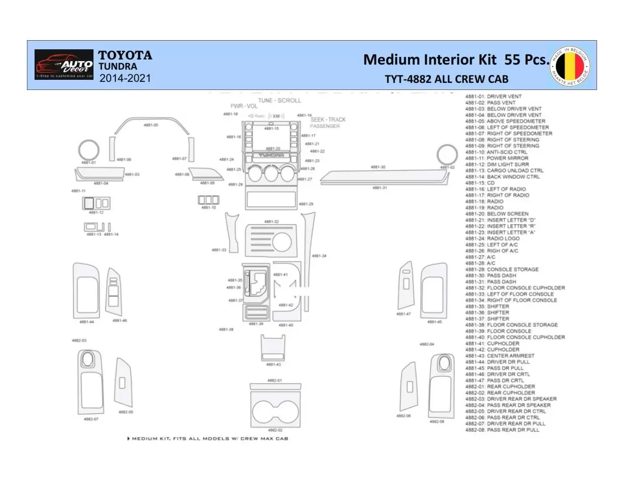 Toyota Tundra 2014-2021 Decor de carlinga su interior del coche 55 Partes