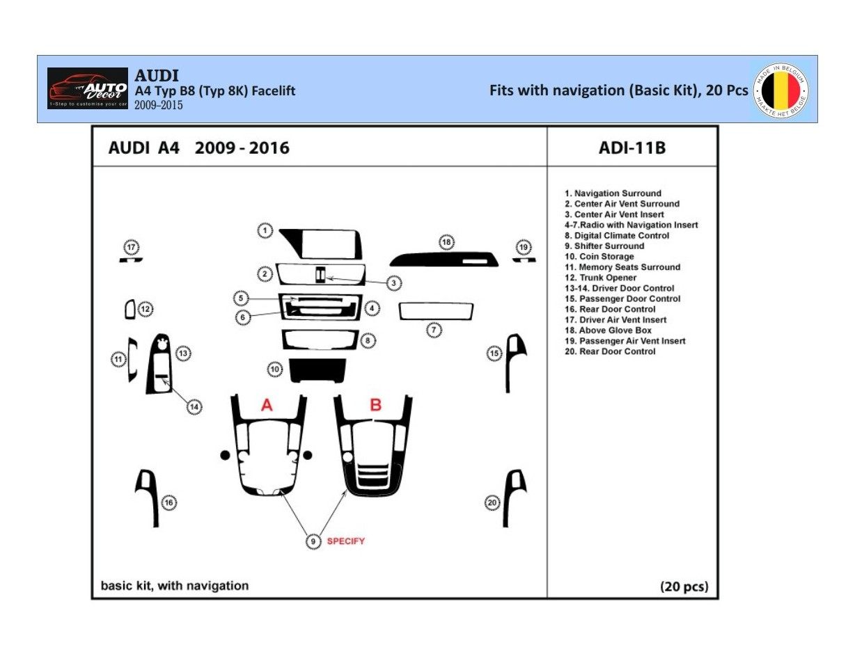 Audi A4 B8 Typ 8K 2009-2015 3D Interior Dashboard Trim Kit Dash Trim Dekor 20-Parts