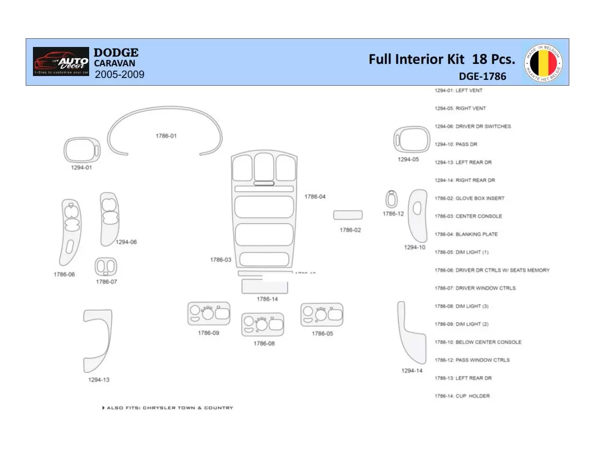 Dodge Caravan 2005-2007 Interior WHZ Dashboard trim kit 18 Parts