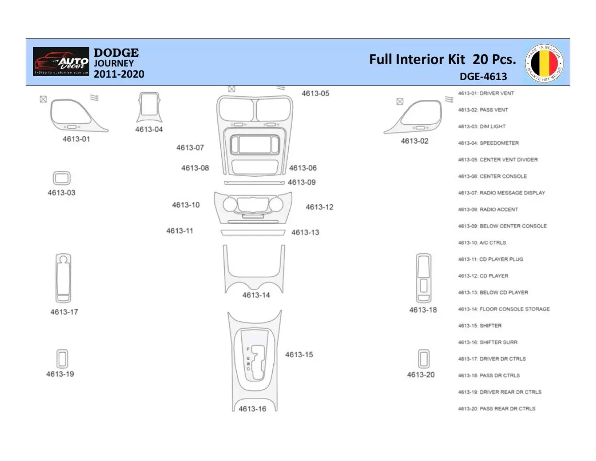 Dodge Journey 2011-2022 Mascherine sagomate per rivestimento cruscotti 20 Decori