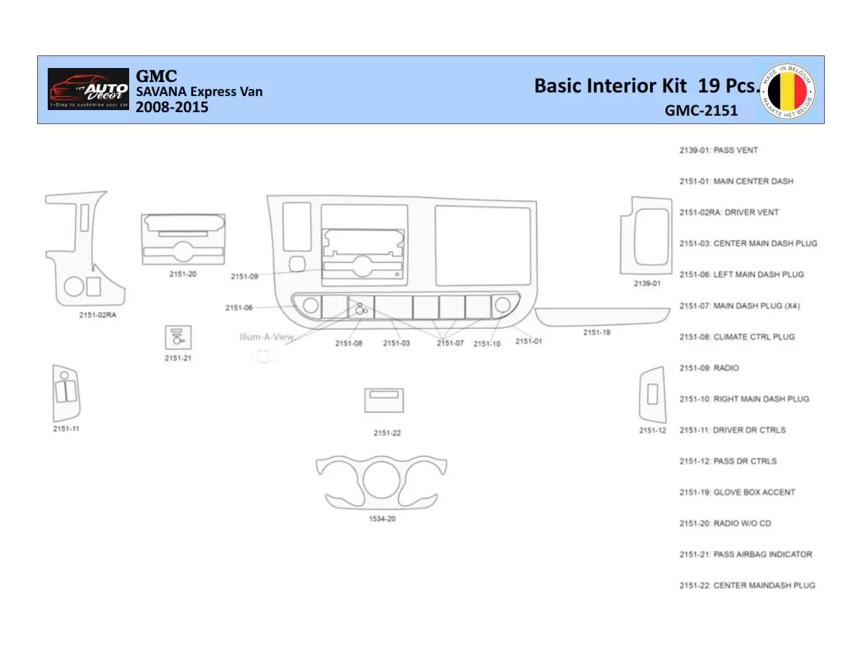 GMC Savana 2008-2020 Decor de carlinga su interior del coche 19 Partes