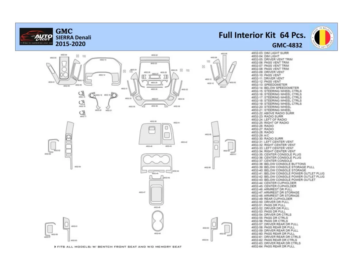 GMC Sierra 2014-2018 Inleg dashboard Interieurset aansluitend en pasgemaakt 64 Delen