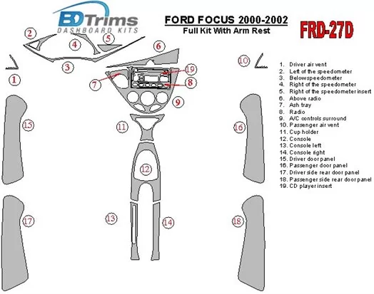 Ford Focus 2000-2002 Full Set, With Arm Rest, 4 Doors, 18 Parts set BD Interieur Dashboard Bekleding Volhouder