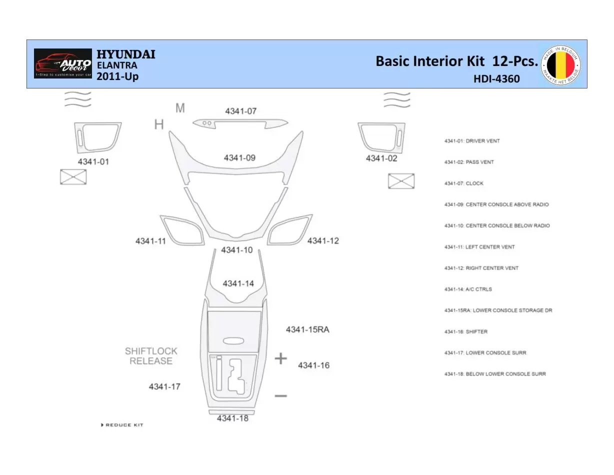 Hyundai Elantra 2010-2015 Decor de carlinga su interior del coche 12 Partes