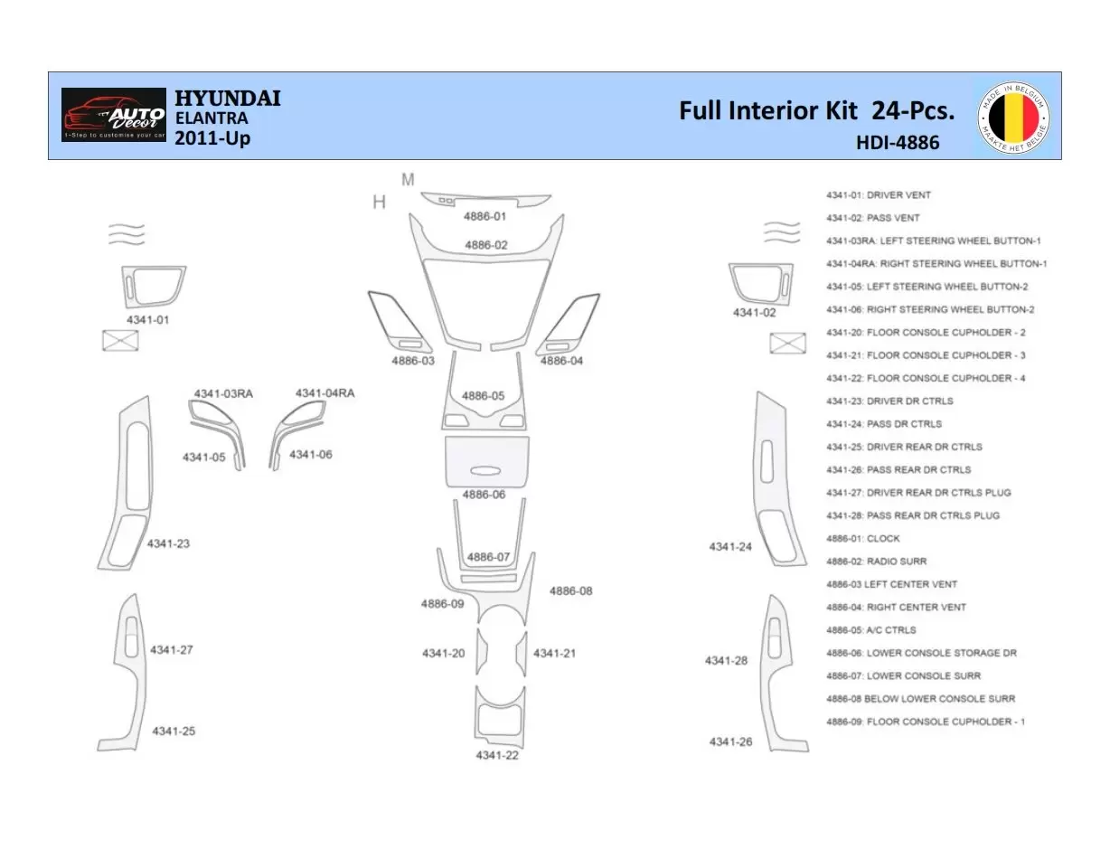 Hyundai Elantra 2010-2015 Inleg dashboard Interieurset aansluitend en pasgemaakt 24 Delen